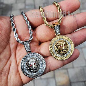 Iced Lion Head Medal Pendant & 24" Rope Chain Bling Hip Hop Gold Silver Necklace